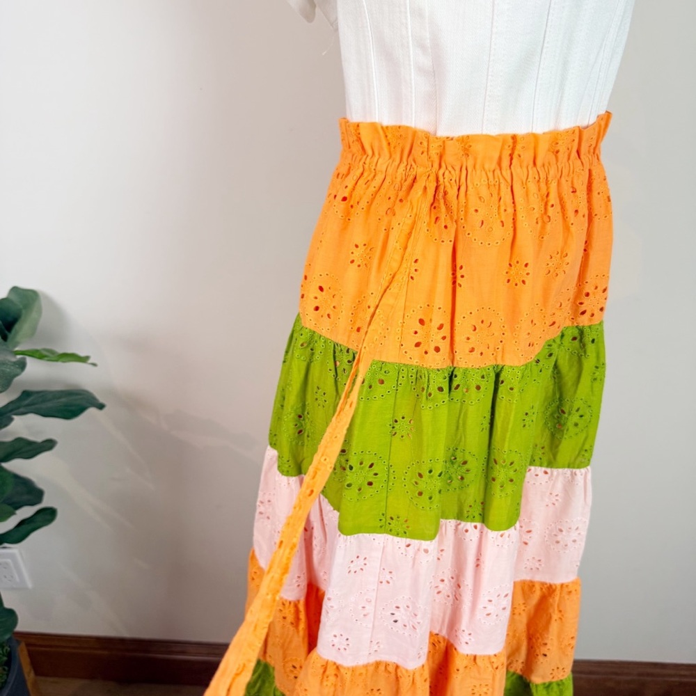 💋Anthropologie Hitch eyelet Orange, Green, and Cream Maxi Skirt size XS - Picture 7 of 11
